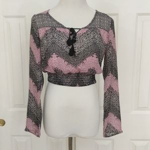 Love, Fire Pink and Black Chevron Dotted Print Long Sleeve Crop Top S